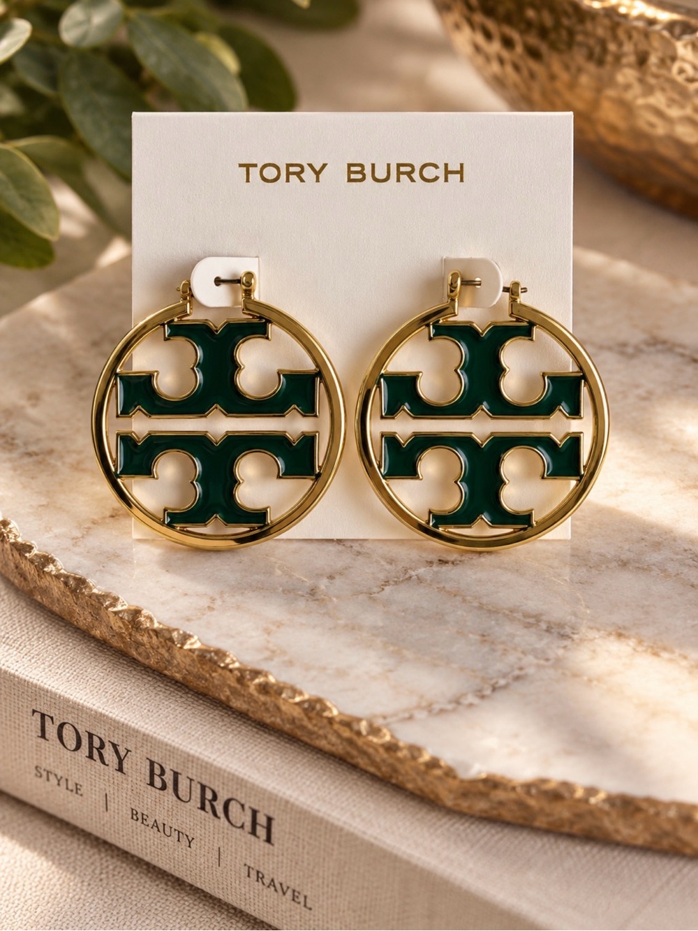 Tory Burch Gold and Green Circle Earrings - Picture 1 of 9